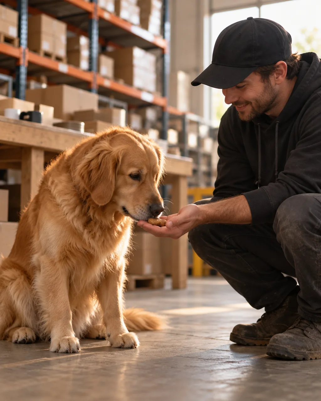 A Tracksy teammate feeding a treat to the workshop dog